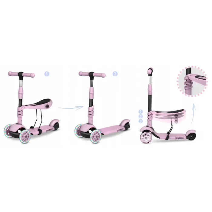 Trotineta Ricokids Cubi, 3 in 1, roti LED, roz KID611699 — imaginea 2