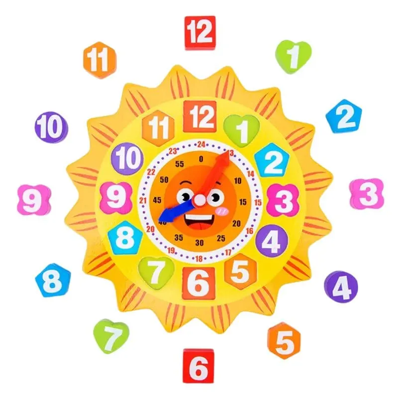 Ceas Educational din Lemn pentru Copii cu Design Dragut, Soare Zambitor, Instrument Didactic Interactiv pentru Invatarea Orei, Dezvoltarea Abilitatilor Cognitive si Pregatirea Prescolara, 22x22 Cm, +