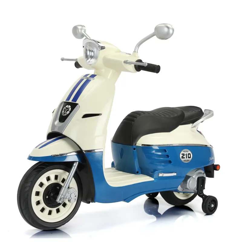 Scuter electric pentru copii Retro, cu 2 locuri, 70W, 12V, scaun tapitat, roti moi EVA, albastru