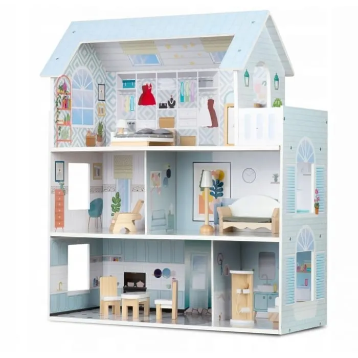 Casuta de Papusi Ricokids, lemn, mobilier, 3 etaje, albastru KID623340