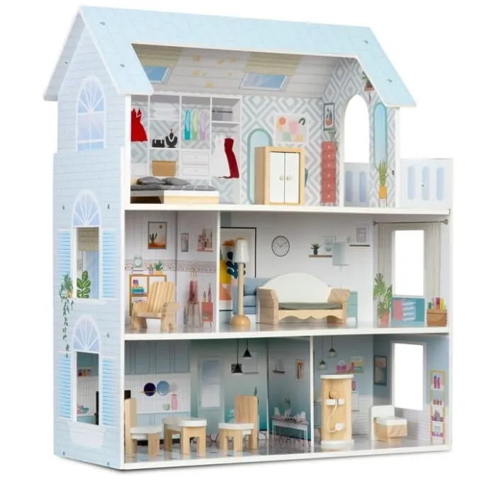 Casuta de Papusi Ricokids, lemn, mobilier, 3 etaje, albastru KID623340 — imaginea 2