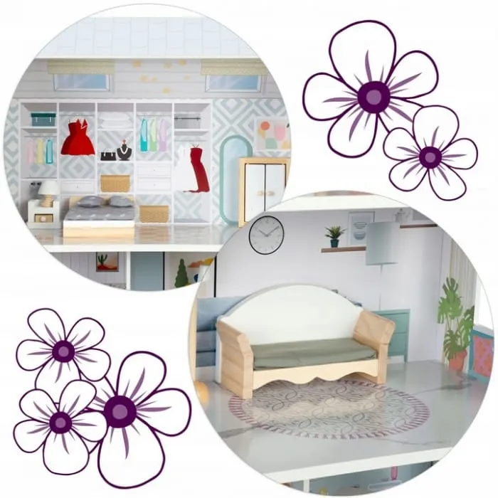 Casuta de Papusi Ricokids, lemn, mobilier, 3 etaje, albastru KID623340 — imaginea 3