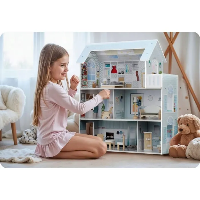 Casuta de Papusi Ricokids, lemn, mobilier, 3 etaje, albastru KID623340 — imaginea 4