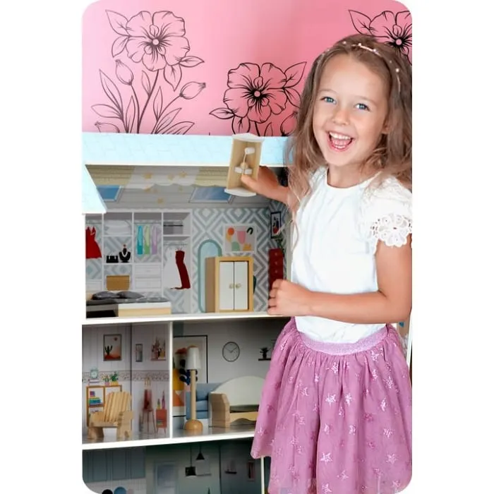 Casuta de Papusi Ricokids, lemn, mobilier, 3 etaje, albastru KID623340 — imaginea 5