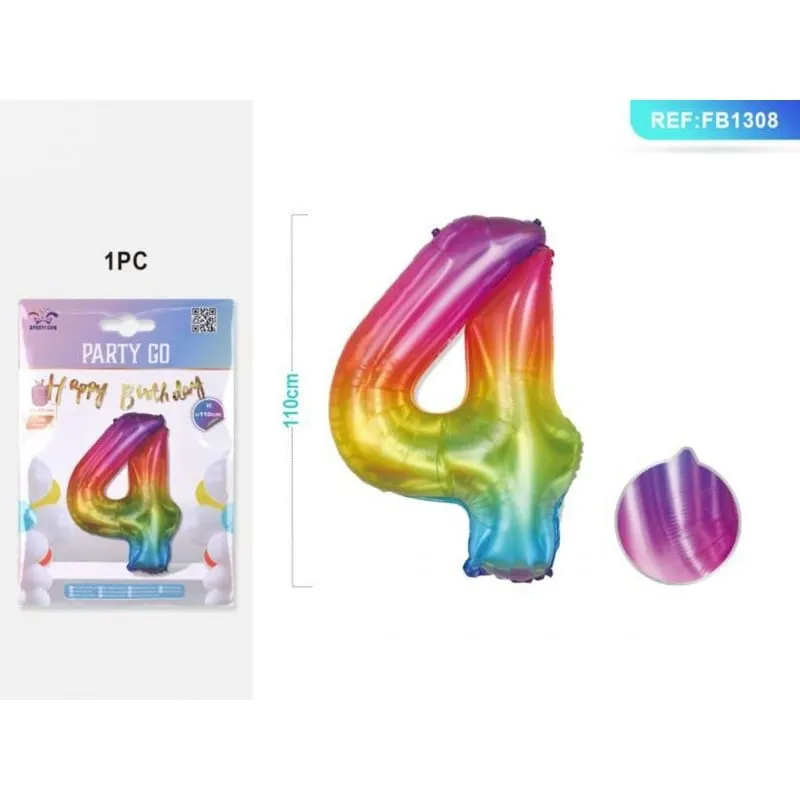 Balon aniversar PartyGo cifra 4, 40cm, curcubeu