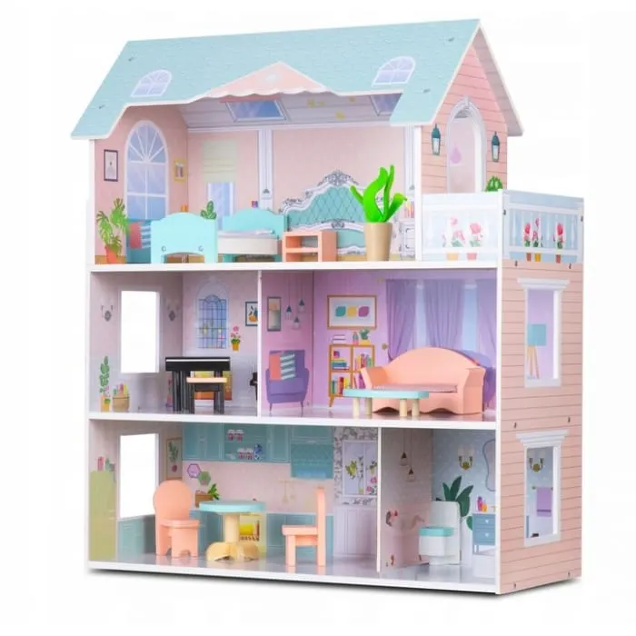 Casuta de Papusi Ricokids, lemn, mobilier, 3 etaje, roz KID623333