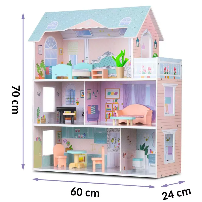 Casuta de Papusi Ricokids, lemn, mobilier, 3 etaje, roz KID623333 — imaginea 3