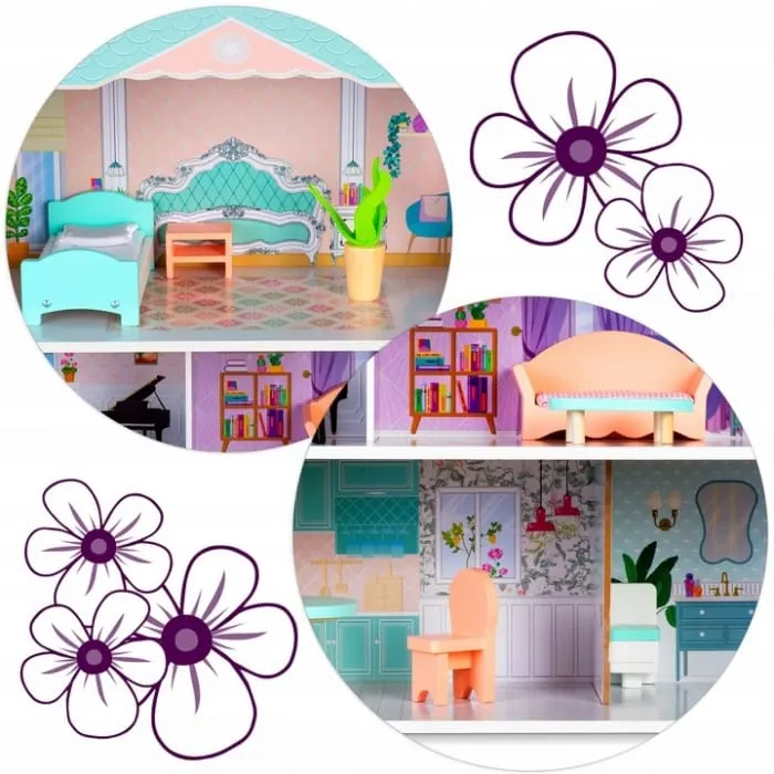 Casuta de Papusi Ricokids, lemn, mobilier, 3 etaje, roz KID623333 — imaginea 4