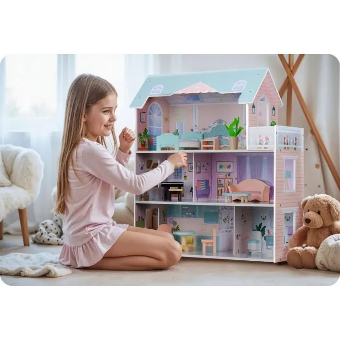 Casuta de Papusi Ricokids, lemn, mobilier, 3 etaje, roz KID623333 — imaginea 5