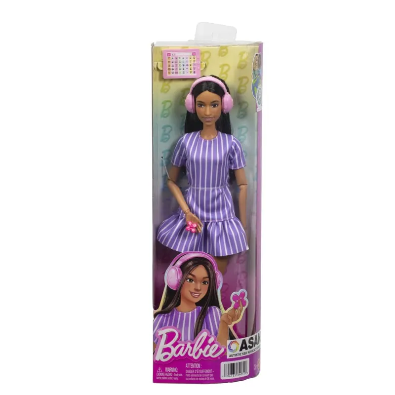 BARBIE PAPUSA BARBIE FASHIONISTAS BRUNETA CU ROCHIE MOV DUNGATA CU AUTISM