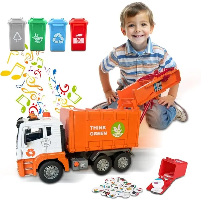 Camion de Gunoi Interactiv Pull Back cu Lumini si Sunete Realiste, Usi mobile, 4 Containere, Stimuleaza Imaginatia si Invata Despre Protectia Mediului, 31x16x10 Cm, Alb Portocaliu, +3 Ani