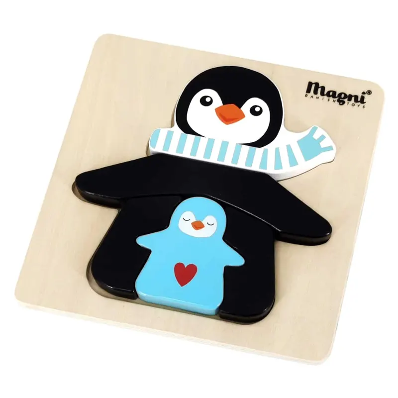 Puzzle din lemn, Magni, Pinguinii, 3 piese, albastru