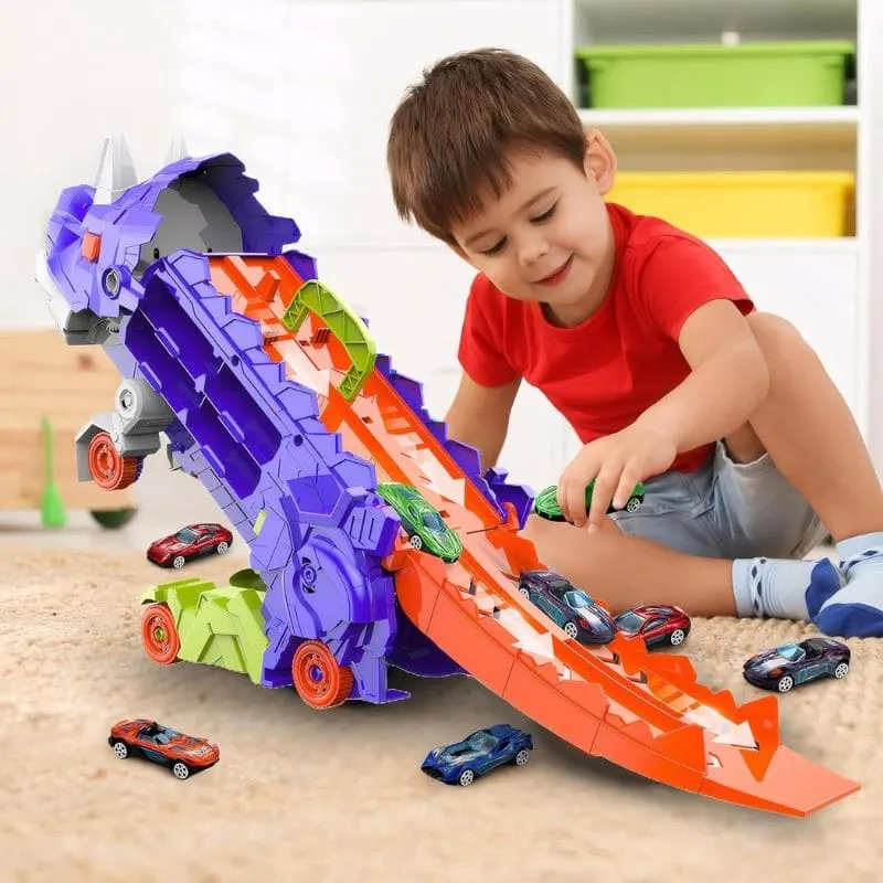 Set Multifunctional Dinozaur 2-in-1, Camion de Transport si Rampa de Lansare cu 2 Masinute, Distractie, Educatie si Dezvoltarea Creativitatii pentru Copii, + 3 Ani, Albastru Portocaliu
