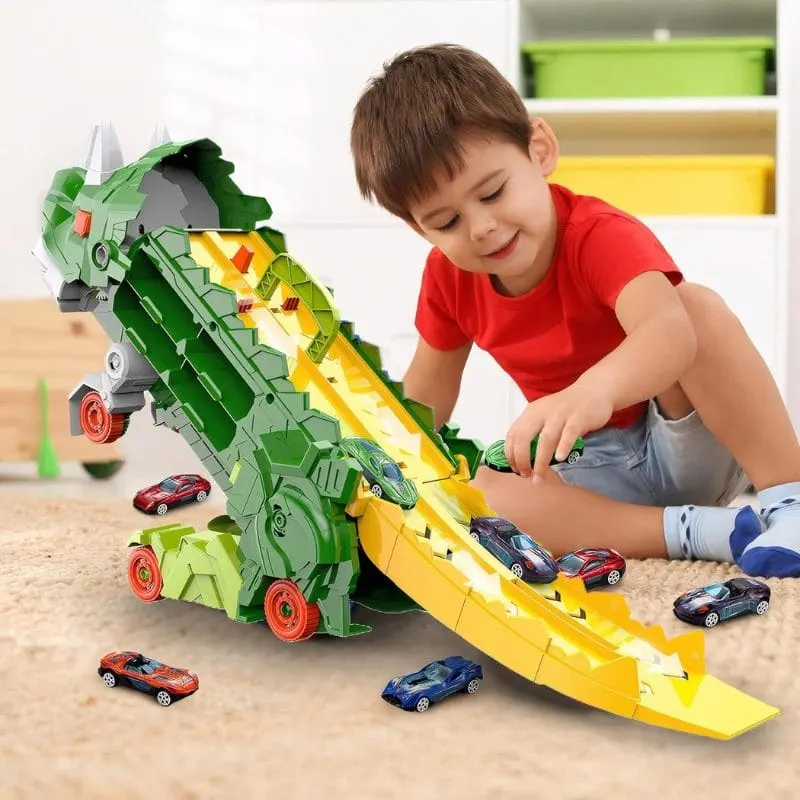 Set Multifunctional Dinozaur 2-in-1, Camion de Transport si Rampa de Lansare cu 2 Masinute, Distractie, Educatie si Dezvoltarea Creativitatii pentru Copii, + 3 Ani, Verde Portocaliu