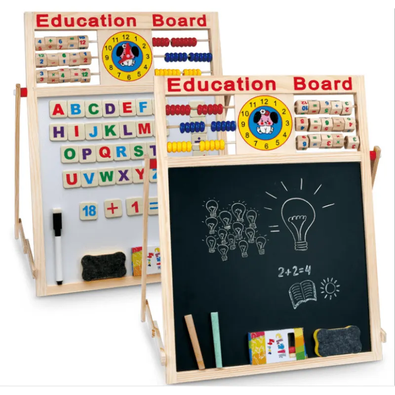 Tabla Educativa cu 2 Fete din Lemn Ludiro, Cu Abac, Ceas, Alfabet si Cifre, Marker si Creta, 43.6x32 Cm