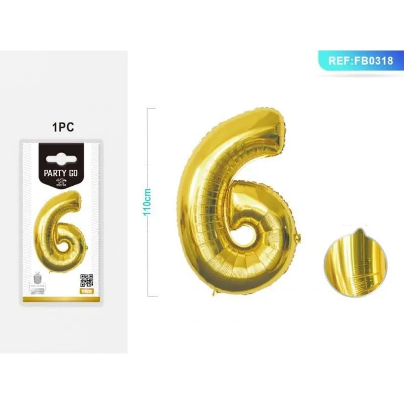 Balon aniversar PartyGo cifra 6, 40cm, auriu