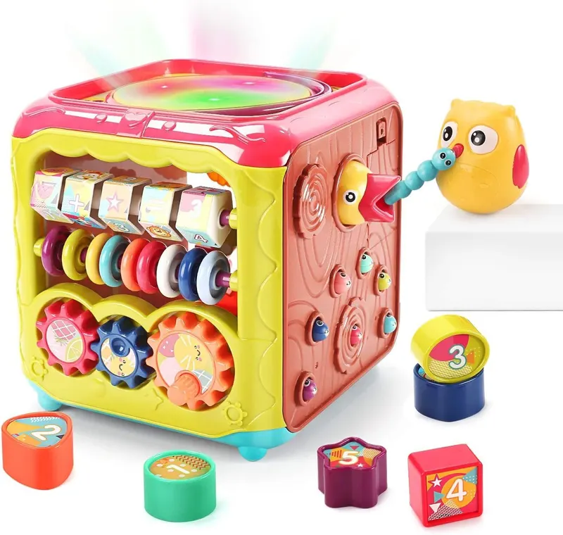 Jucarie Interactiva pentru Bebelusi, Cub Activitati 6 in 1, Muzica si Lumini, Multifunctional, 20x20x20 cm, + 3 Luni
