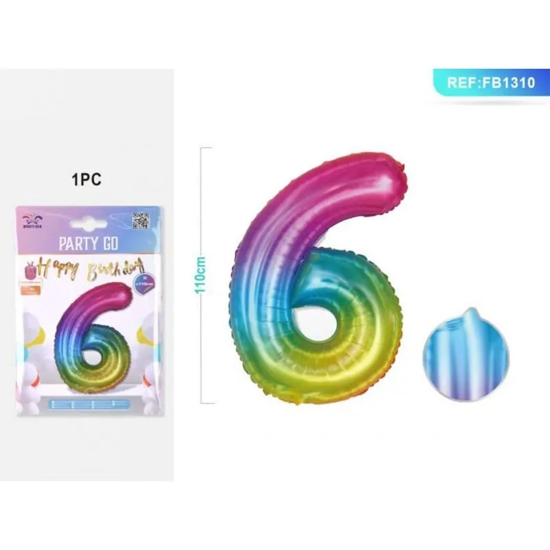 Balon aniversar PartyGo cifra 6, 40cm, curcubeu