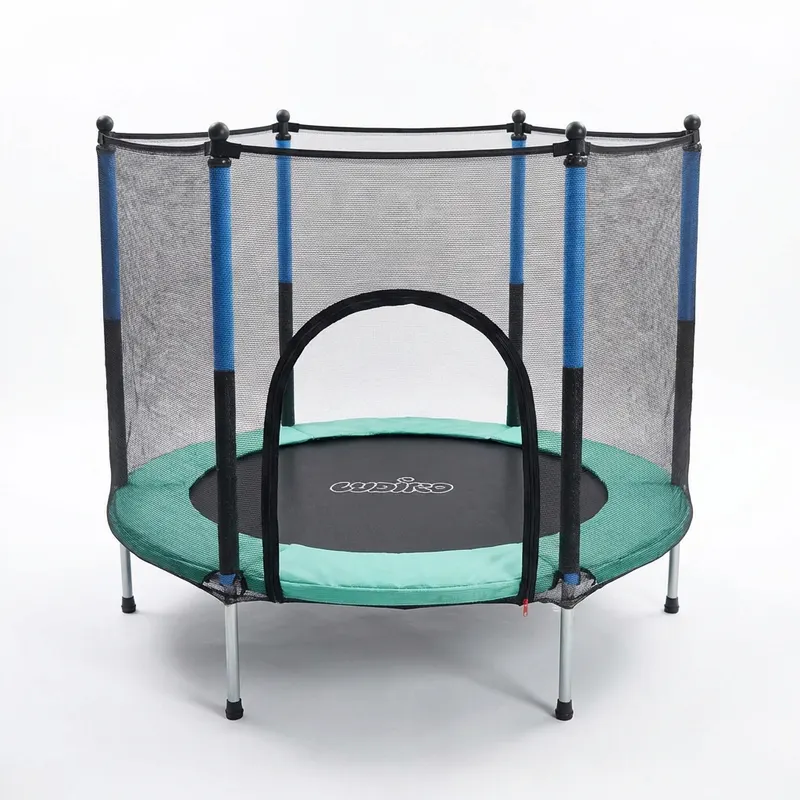 Trambuliná pentru Copii 140 Cm cu Plasă de Protecție, Interior și Exterior, 1–6 ani, Montaj cu Buton de Blocare, Certificare de Siguranta, Verde Albastru