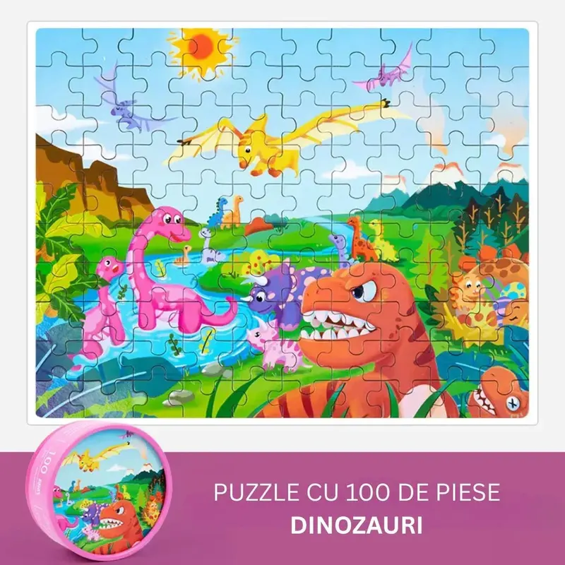 Puzzle educativ cu 100 de piese, 12 tematici - Dinozauri