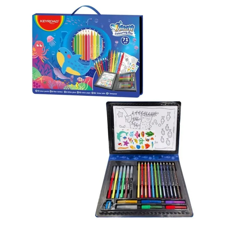 Set de colorat Keyroad Ocean, 71 piese, cu creioane, carioci si stickere