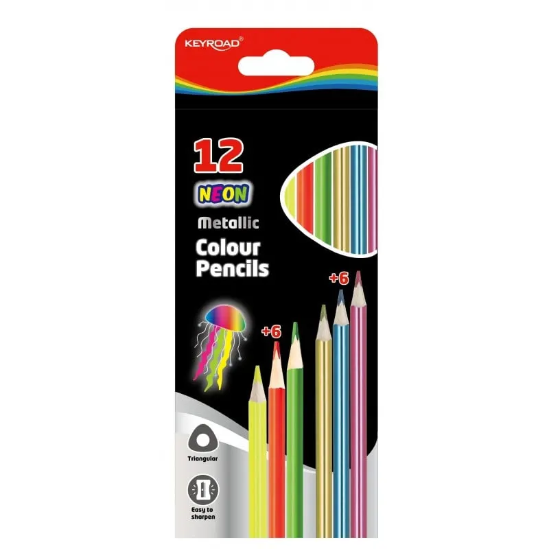 Creioane colorate Keyroad triunghiulare,6 neon si 6 metalice,12 culori set
