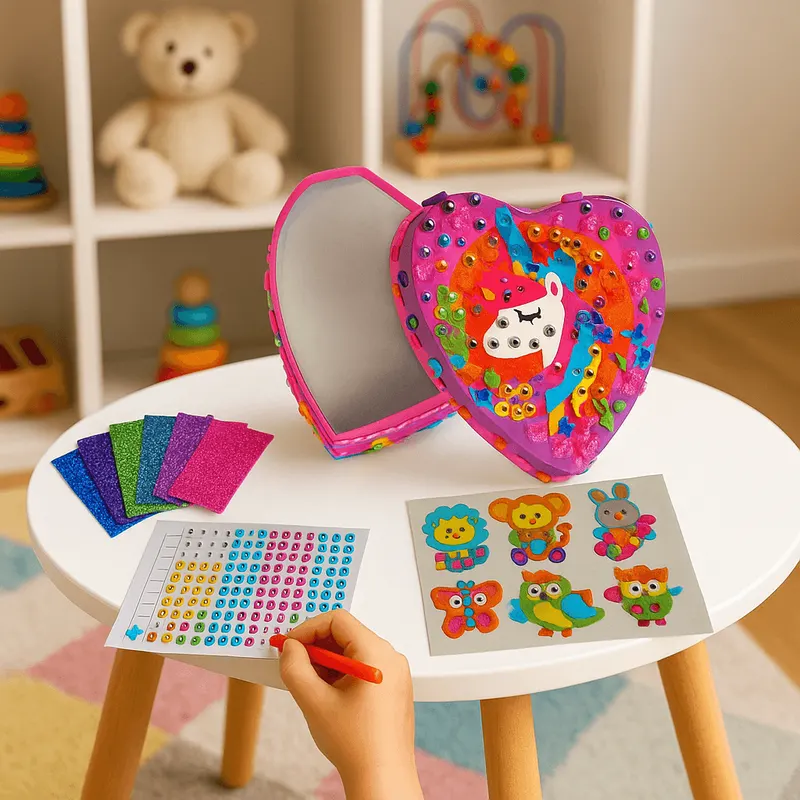 Set Artizanat pentru Copii – Cutie de Bijuterii Inimioară cu Mozaic pe Numere și Stickere cu Animale – 595 Piese, Activitate Creativă 5+ Ani – 12x13x5.5 cm