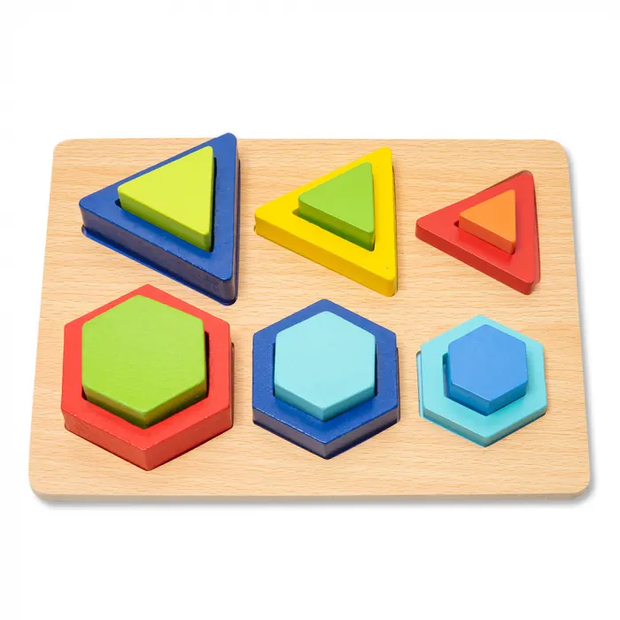 Puzzle 3D din Lemn in Cutie cu Forme Geometrice Colorate