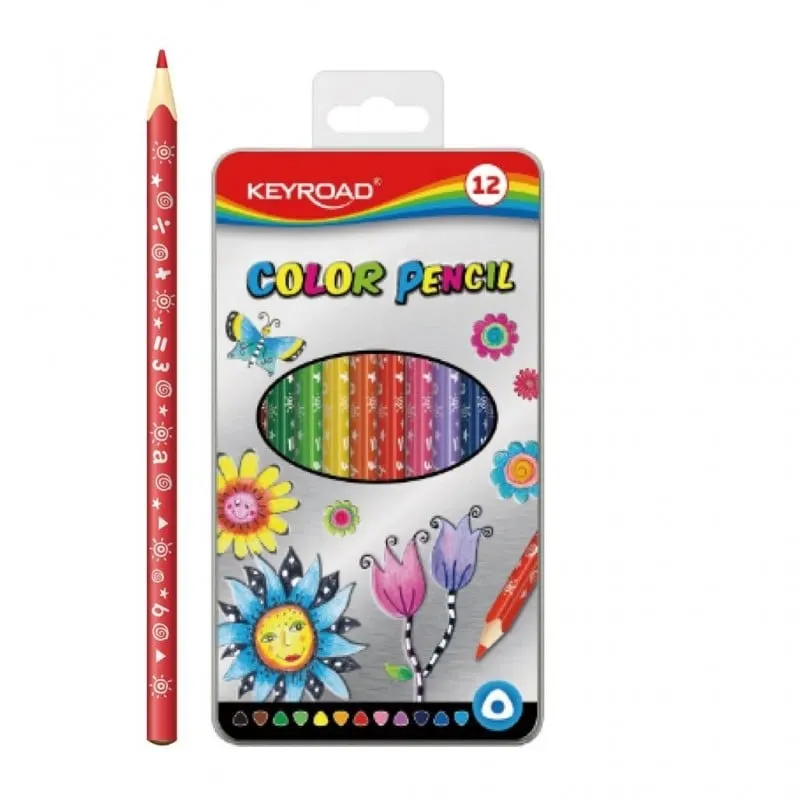 Creioane colorate Keyroad triunghiulare, 12 culori set cutie metalica