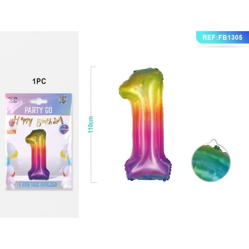 Balon aniversar PartyGo cifra 1, 40cm, curcubeu
