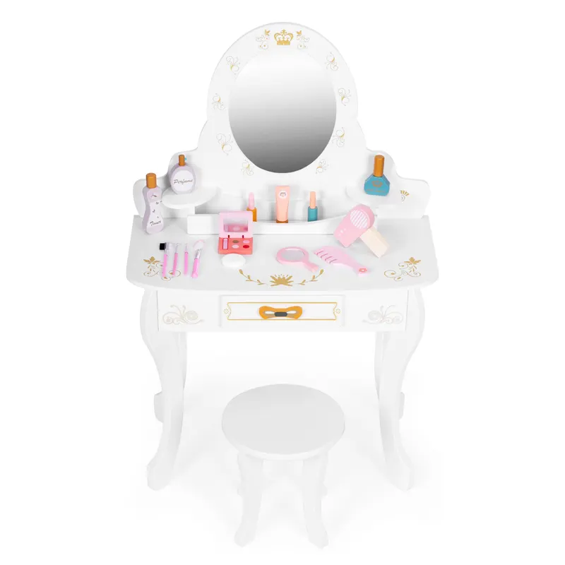 Masuta de toaleta copii Ecotoys, lemn, accesorii si oglinda, alb KID003983