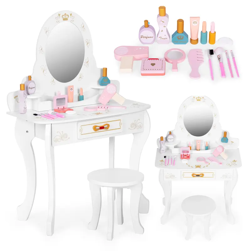 Masuta de toaleta copii Ecotoys, lemn, accesorii si oglinda, alb KID003983 — imaginea 4
