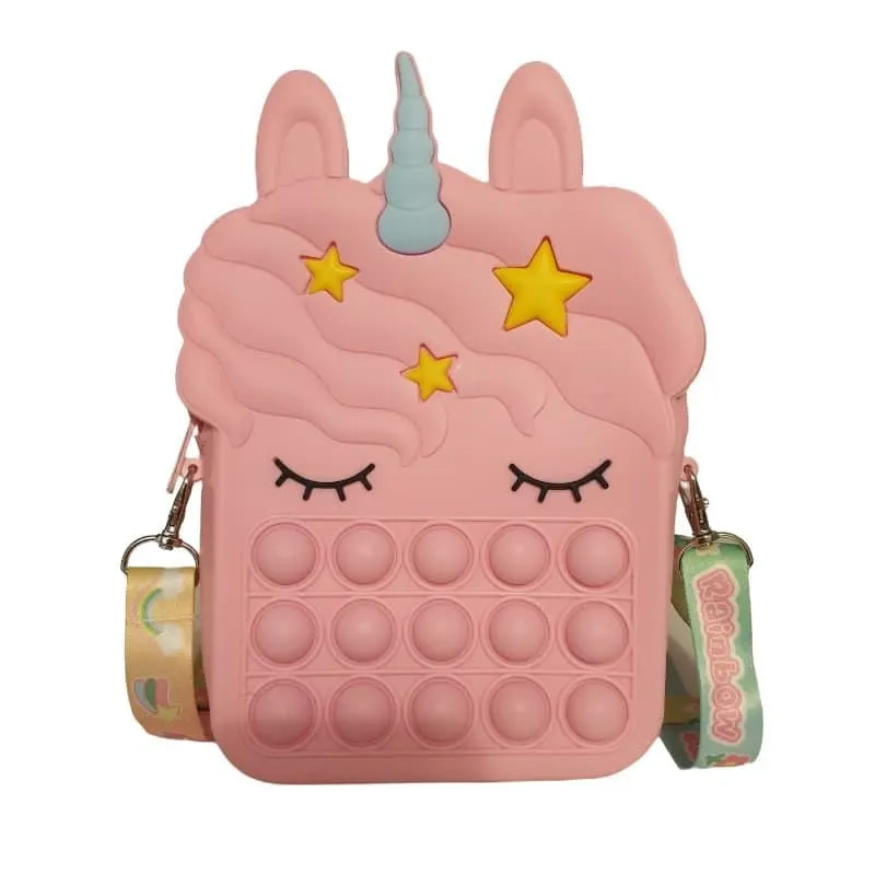 Jucarie Interactiva Antistres Tip Gentuta de Umar Pop IT NOW din Silicon, Cu Fermoar si Curea, Unicorn Patrat XXL, 16x22.5x5.5 cm, Roz, + 3 Ani
