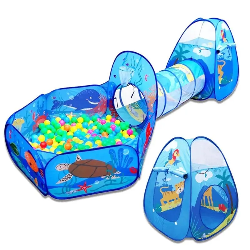 Cort de Joaca cu Tunel si Piscina, Potrivit pentru Gradinita sau Acasa, Interactiv, Design Marin, Usor de Montat si Depozitat, Perfect pentru Interior si Exterior, Fara Bile Incluse, + 3 Ani