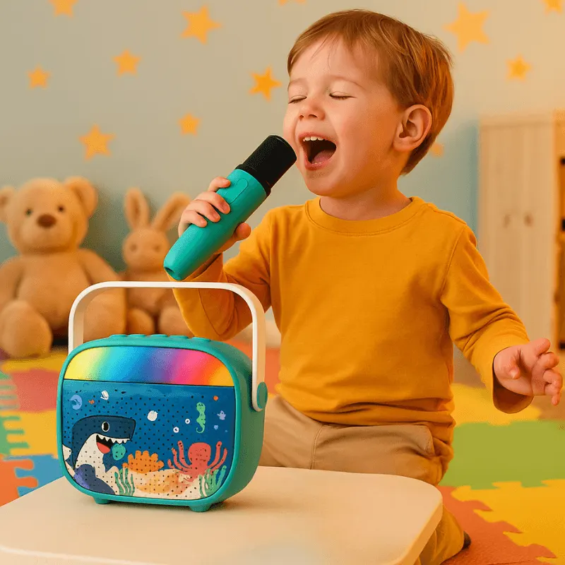Set Karaoke Copii Ocean Ludiro cu Microfon Wireless, Bluetooth si Lumini Colorate Interactive, + 3 Ani