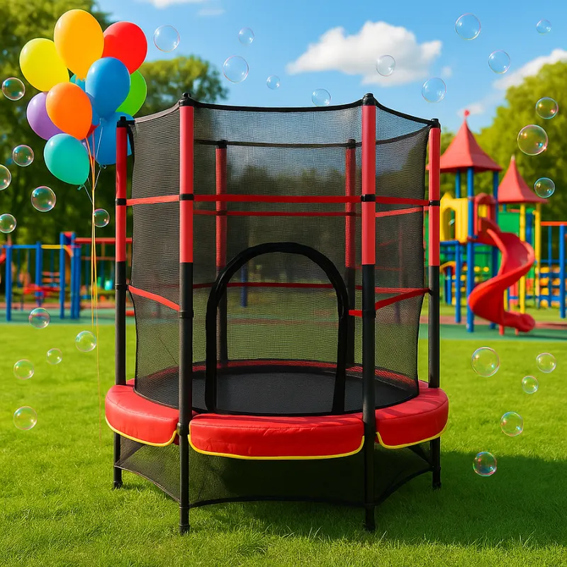 Trambulina pentru Copii LUDIRO, Diametru 140 Cm, Inaltime 160 Cm, Cu Plasa de Siguranta, Suporta 200 kg, Interior sau Exterior, Pentru Dezvoltarea Echilibrului, Rosie, + 3 Ani