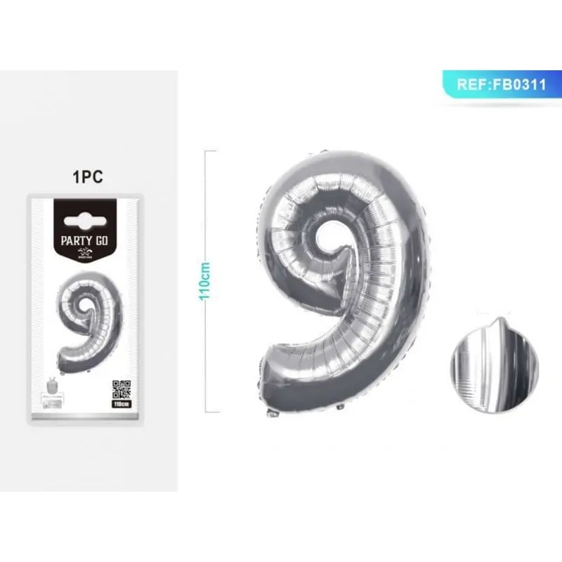 Balon aniversar PartyGo cifra 9, 40cm, argintiu