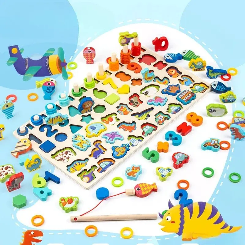 Jucarie Educativa Multifunctionala Montessori, Puzzle din Lemn cu Cifre, Forme, Animale, Dinozauri si Vehicule pentru Dezvoltarea Cognitiva, Ideal pentru Copii Prescolari, 40x22.5 Cm, + 3 Ani
