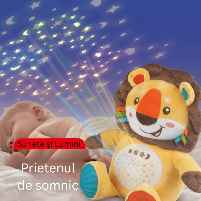 Leu de Plus cu Proiector si Muzica LUDIRO, Jucarie de Somn pentru Bebelusi, Lumini si Melodii