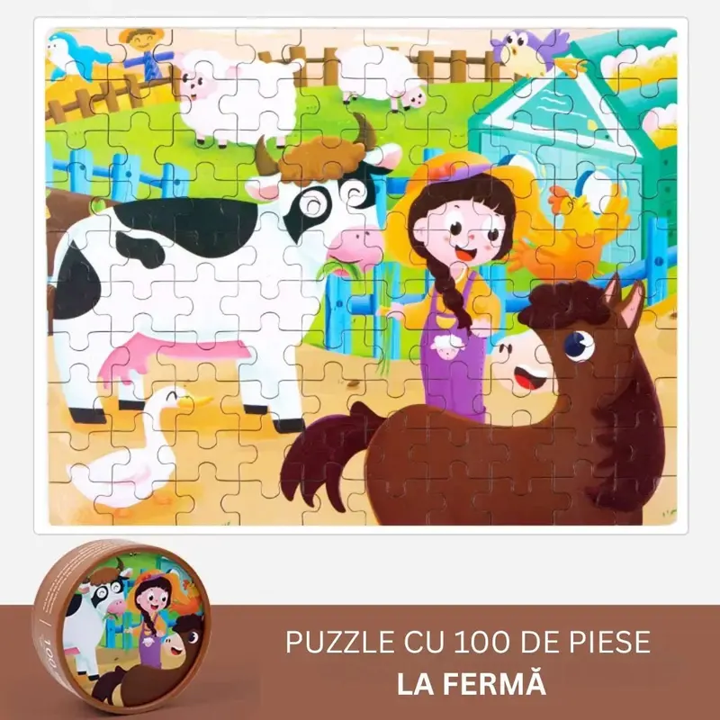 Puzzle educativ cu 100 de piese, 12 tematici - La fermă