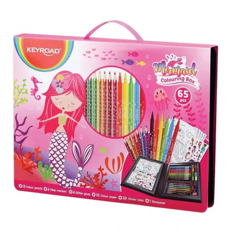 Set de colorat Keyroad Mica Sirena, 65 piese, cu creioane, carioci si stickere