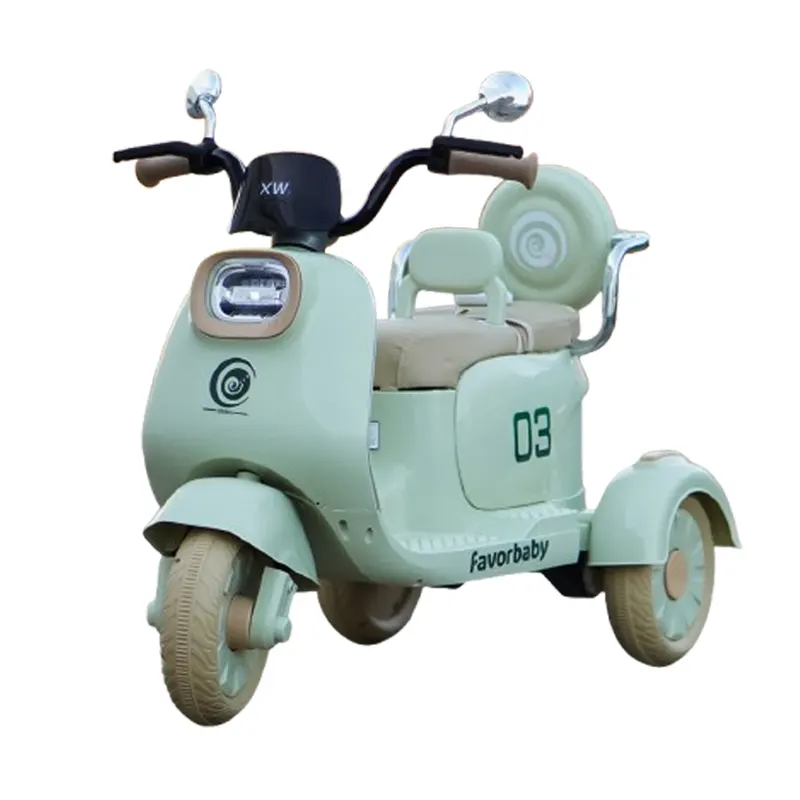 Scuter electric FavorBaby cu 3 roti pentru copii, 2 locuri, telecomanda inclusa, 70W, music player, efecte sonore si luminoase, verde
