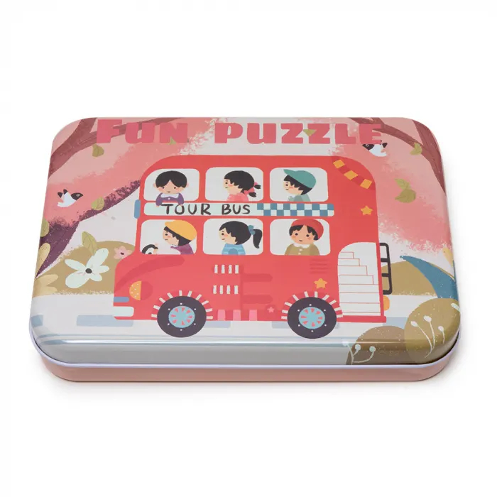 Puzzle din Lemn cu Masini in Cutie Metalica Montessori