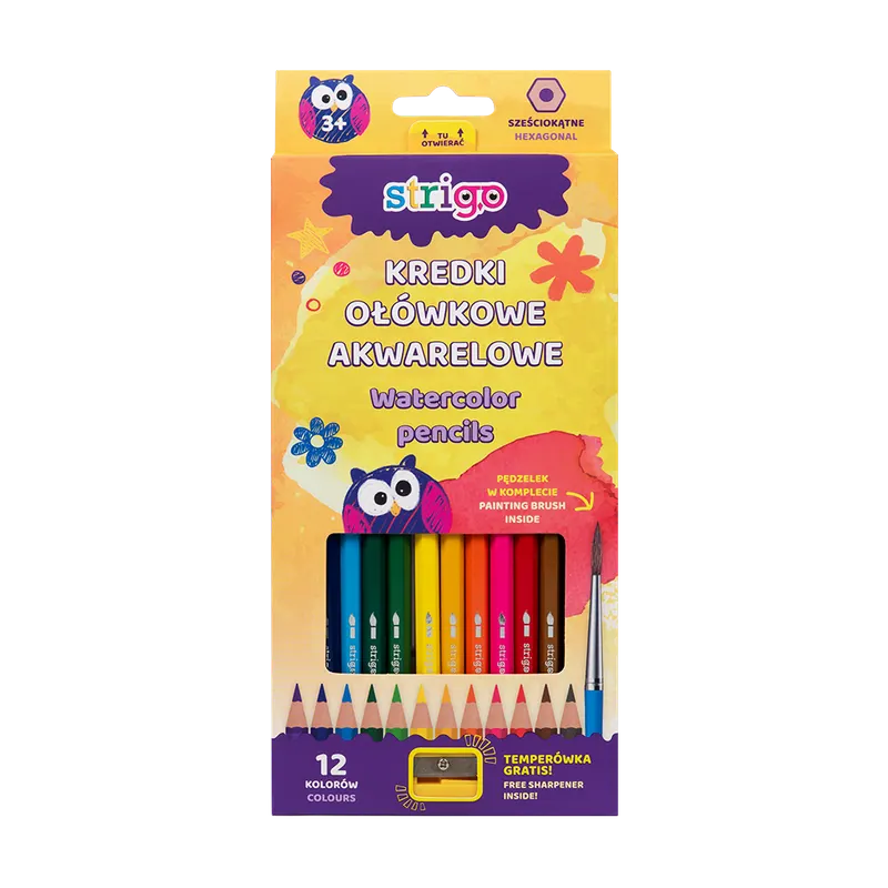Creioane acuarela, cu pensula si ascutitoare, 12 culori set
