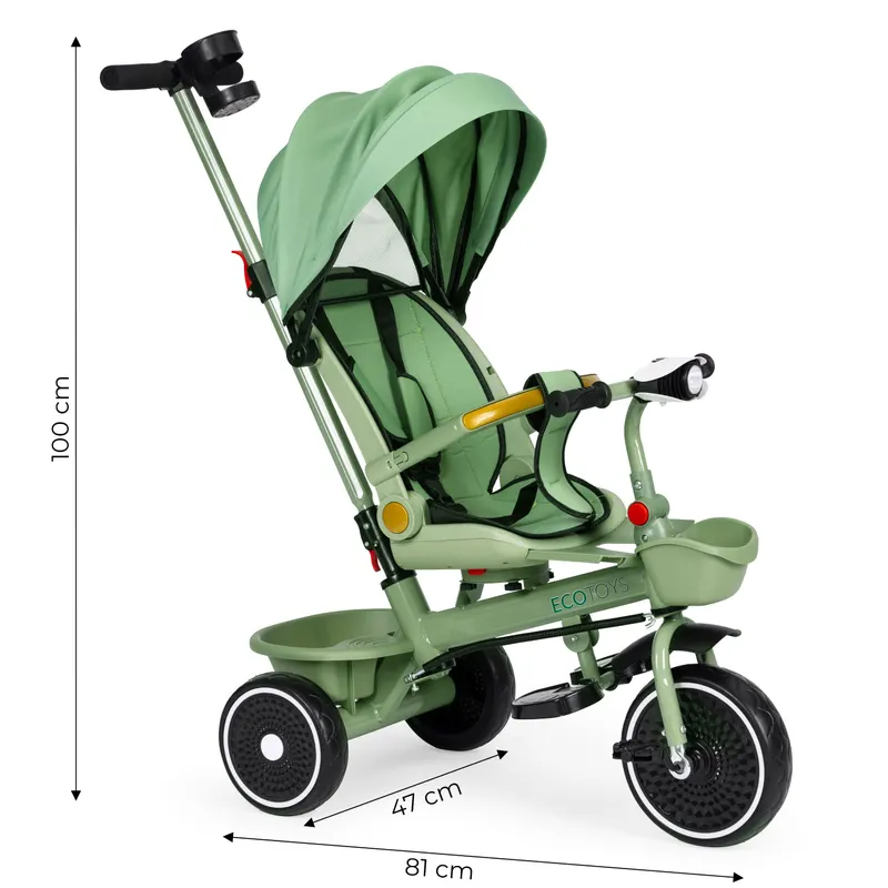 Tricicleta Ecotoys, 2 in 1, scaun rotativ, melodi si lumini, copertina, verde KID005918 — imaginea 3