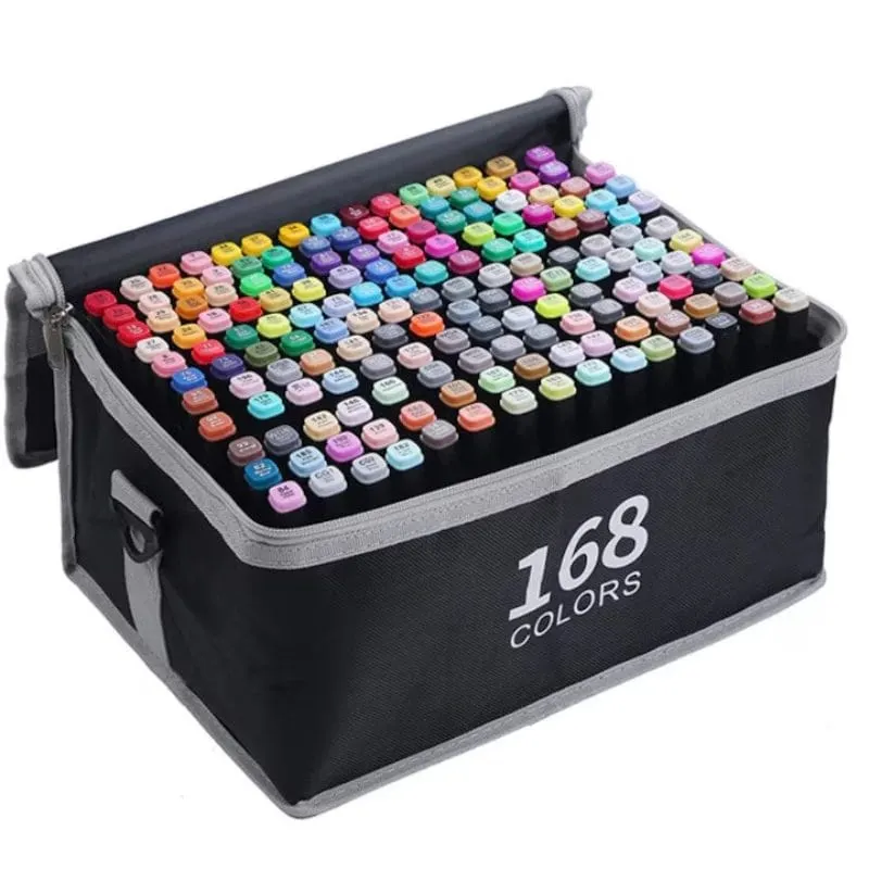 Set 168 Markere Profesionale, Culori Multicolore Vibrante cu Cerneala pe Baza de Alcool, Cu Doua Capete, Subtire si Gros, Ideal pentru Copii Creativi, Stimuleaza Imaginatia si Dezvoltarea Artistica, I