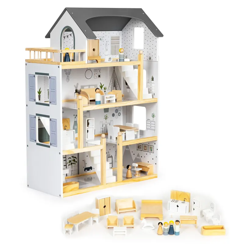 Casuta de Papusi Ecotoys, lemn, 4 etaje, mobilier, 18 piese, multicolor KID000470