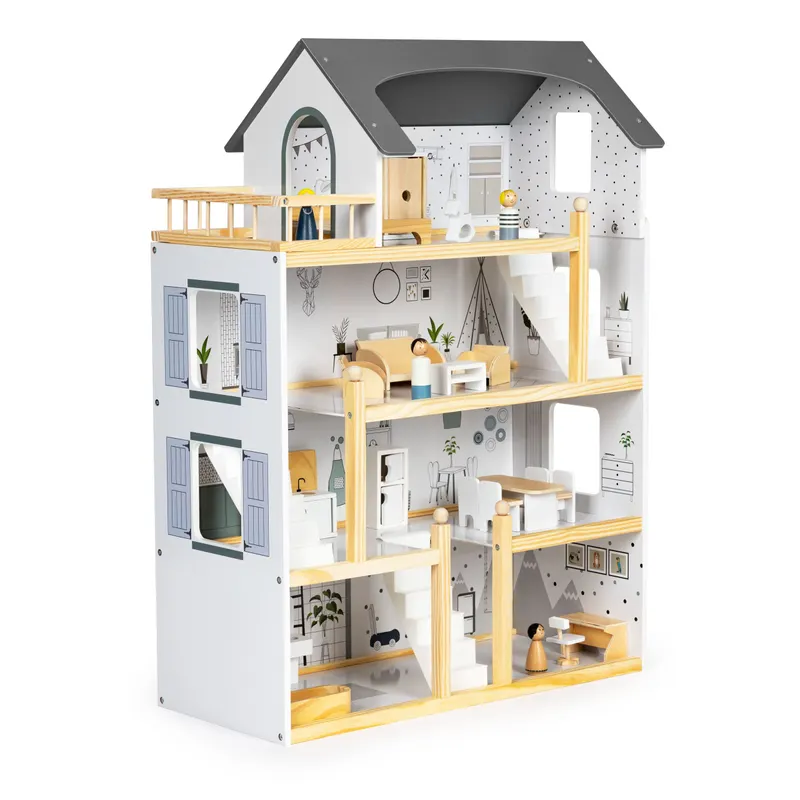 Casuta de Papusi Ecotoys, lemn, 4 etaje, mobilier, 18 piese, multicolor KID000470 — imaginea 2