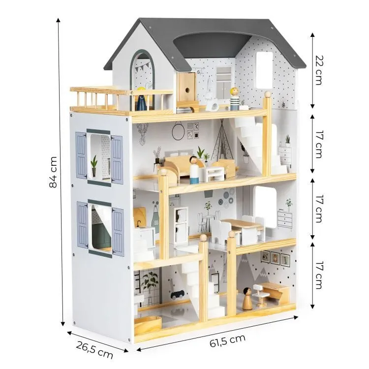 Casuta de Papusi Ecotoys, lemn, 4 etaje, mobilier, 18 piese, multicolor KID000470 — imaginea 3