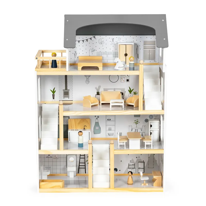 Casuta de Papusi Ecotoys, lemn, 4 etaje, mobilier, 18 piese, multicolor KID000470 — imaginea 4